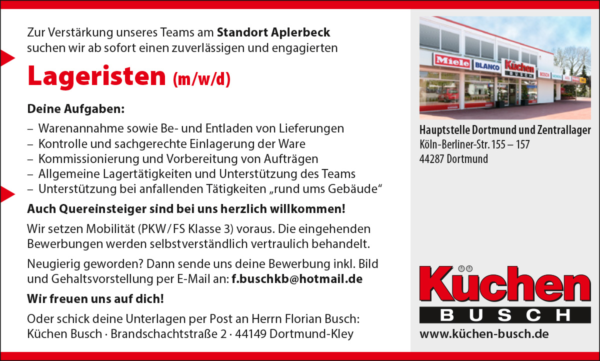 BUSCH-Lagerist-2026-04 Stellenanzeige Küchenverkäufer